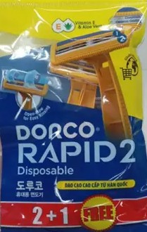 Dorco Rapid 2 Disposable with 2+1 Cartridges - 3 Pcs/Pack, 48 Pack/Inner, 4 Inner/Case